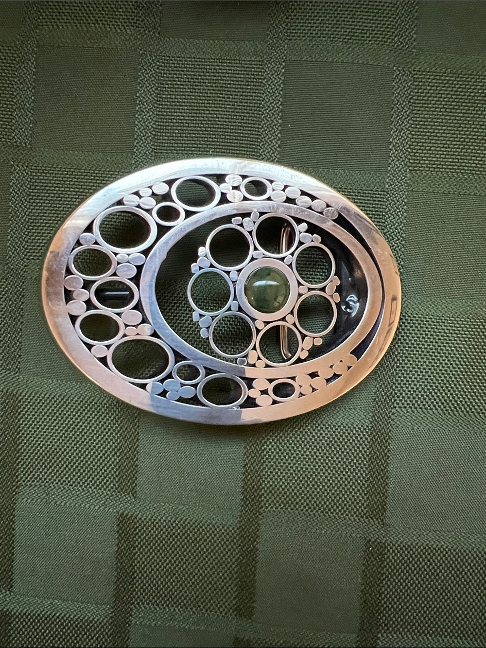 Silver Tone Oval Belt Buckle with Cutout Circles and Central Green stone - Picture 4 of 8